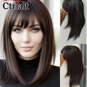 14" Natural Invisible T-shaped Swiss Net Hair Wigs With Bangs for Women Topper