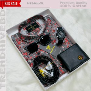 কটন শার্ট  ৫ পিস কম্বো-RED GRAY MULTI DESIGN